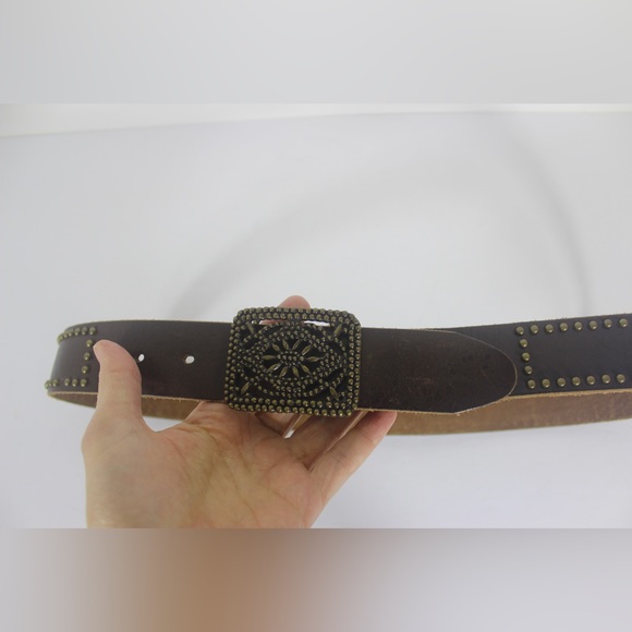 Vintage Studded Brown Leather Belt with Brass Studs and Buckle - Picture 4 of 9